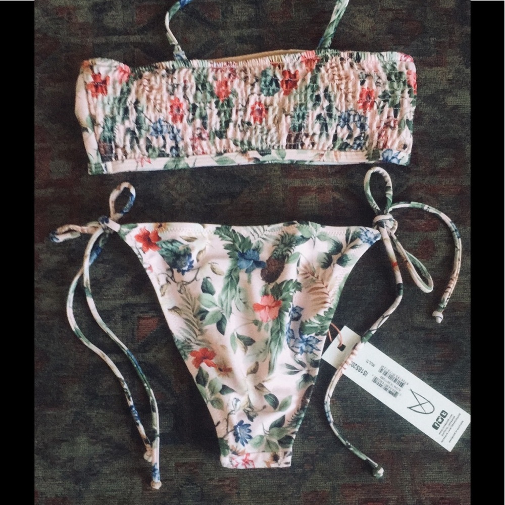 Minkpink pink floral print bandeau high cut tie bikini set XS S - Picture 8 of 11
